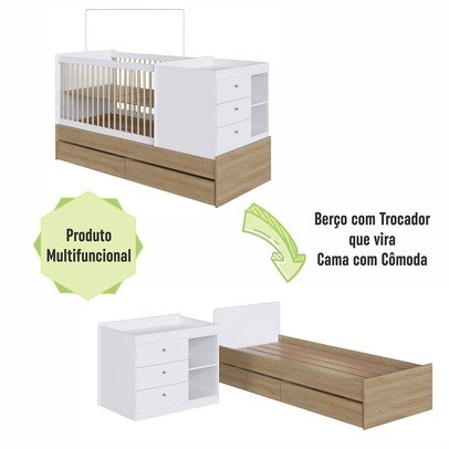 Berço Cama Bebê Multifuncional 3 Gavetas Aveiro Oak/Branco - Completa Móveis