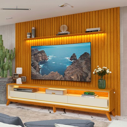 Rack com Painel para TV Até 85 Polegadas Nobre 3 Gavetas Ripado com Led 100% Mdf Naturale/Off White - Gelius