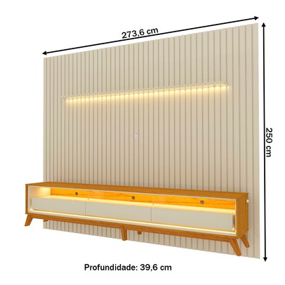 Rack com Painel para TV Até 85 Polegadas Nobre 3 Gavetas Ripado com Led 100% Mdf Off White - Gelius
