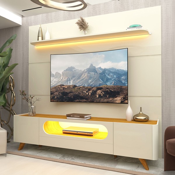 Rack com Painel para TV Até 85 Polegadas Royal Nobre 2 Portas com Led 100% Mdf Off White/Naturale - Gelius