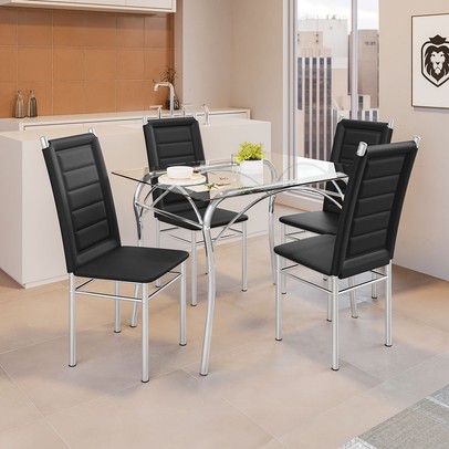Mesa de Jantar 4 Cadeiras Lion Tokio com Vidro Cromado/Preto - Art Panta