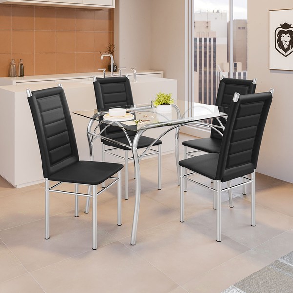 Mesa de Jantar 4 Cadeiras Lion Tokio com Vidro Cromado/Preto - Art Panta