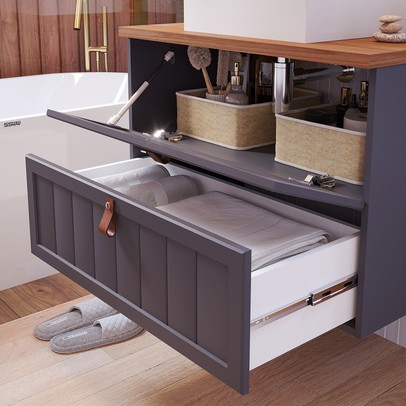 Armário de Banheiro Sense 60 Cm 1 Porta e 1 Gaveta 100% Mdf Titanium/Freijó - Mgm Móveis