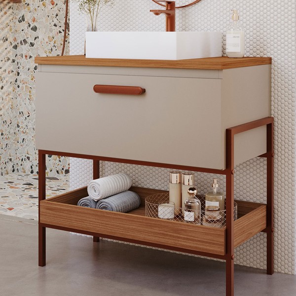 Armário de Banheiro Porti 60 Cm 1 Porta 100% Mdf Cappuccino/Freijó - Mgm Móveis