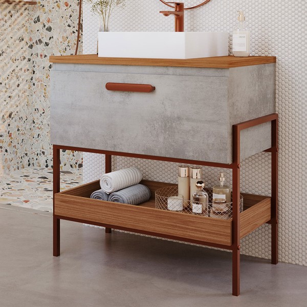 Armário de Banheiro Porti 60 Cm 1 Porta 100% Mdf Cimento/Freijó - Mgm Móveis