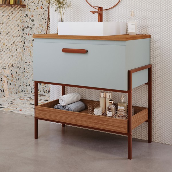 Armário de Banheiro Portinari 80cm 1 Porta 100% Mdf Pistache/Freijó - Mgm Móveis