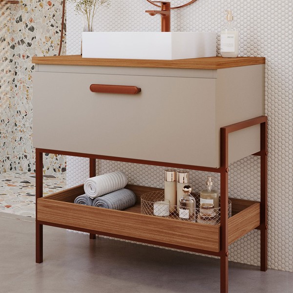 Armário de Banheiro Portinari 80cm 1 Porta 100% Mdf Cappuccino/Freijó - Mgm Móveis