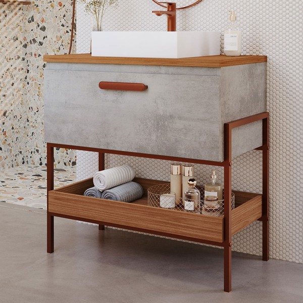 Armário de Banheiro Porti 80cm 1 Porta 100% Mdf Cimento/Freijó - Mgm Móveis