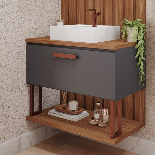 Armário de Banheiro Duna 60cm 1 Porta 100% Mdf Titanium/Freijó - Mgm Móveis