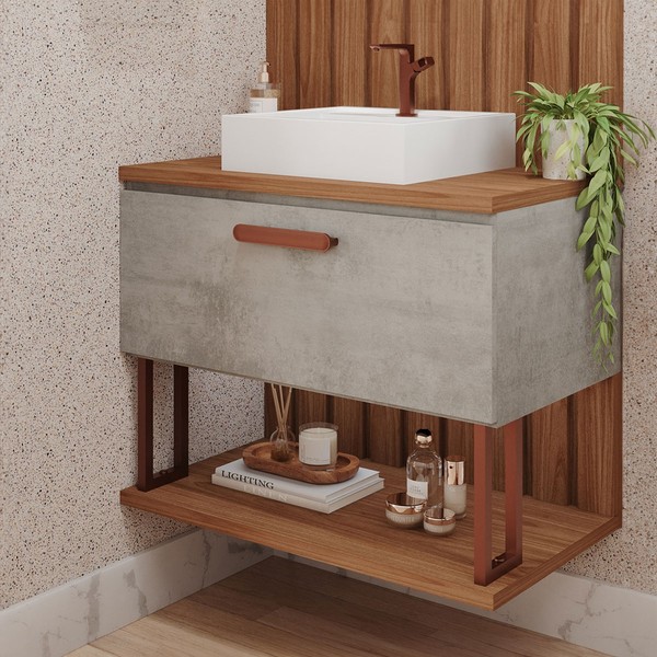 Armário de Banheiro Duna 80 Cm 1 Porta 100% Mdf Cimento/Freijó - Mgm Móveis