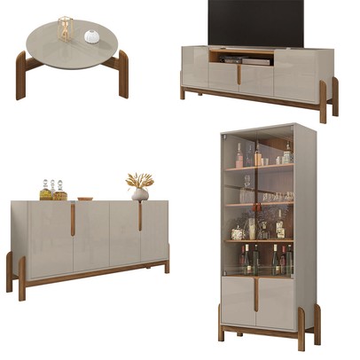 Sala de Estar Completa para TV Até 60 Polegadas Home 12 Portas 4 Peças Off White/Cedro - Pnr Móveis