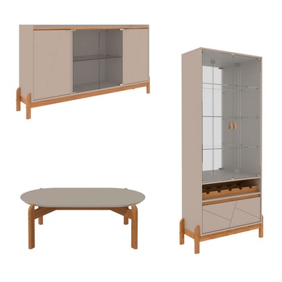 Sala de Estar Completa Bahrein 6 Portas 1 Gaveta 3 Peças Off White/Cedro - Pnr Móveis