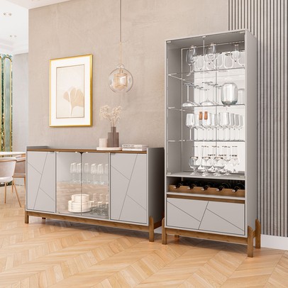 Sala de Estar Completa Bahrein 6 Portas 1 Gaveta 2 Peças Off White/Cedro - Pnr Móveis