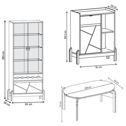 Sala de Estar Completa Bahrein 3 Portas 2 Gavetas 3 Peças Off White/Cedro - Pnr Móveis