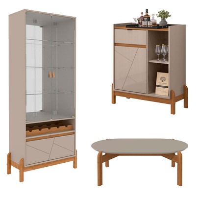 Sala de Estar Completa Bahrein 3 Portas 2 Gavetas 3 Peças Off White/Cedro - Pnr Móveis