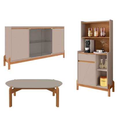 Sala de Estar Completa Lake 5 Portas 1 Gaveta 3 Peças Off White/Cedro - Pnr Móveis