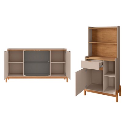 Sala de Estar Completa Lake 5 Portas 1 Gaveta 3 Peças Off White/Cedro - Pnr Móveis