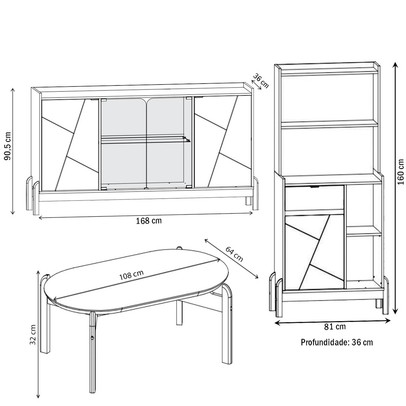Sala de Estar Completa Lake 5 Portas 1 Gaveta 3 Peças Off White/Cedro - Pnr Móveis
