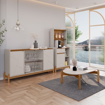 Sala de Estar Completa Lake 5 Portas 1 Gaveta 3 Peças Off White/Cedro - Pnr Móveis