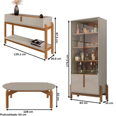 Sala de Estar Completa Elisa 2 Portas 2 Gavetas 3 Peças Off White/Cedro - Pnr Móveis