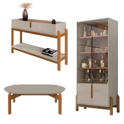 Sala de Estar Completa Elisa 2 Portas 2 Gavetas 3 Peças Off White/Cedro - Pnr Móveis