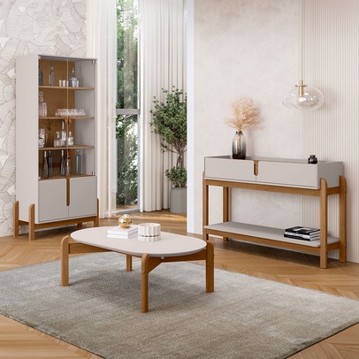 Sala de Estar Completa Elisa 2 Portas 2 Gavetas 3 Peças Off White/Cedro - Pnr Móveis