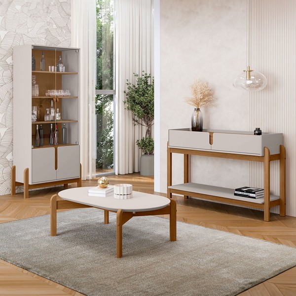 Sala de Estar Completa Elisa 2 Portas 2 Gavetas 3 Peças Off White/Cedro - Pnr Móveis