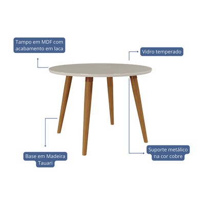 Mesa de Madeira Dani com Vidro Madeira/Off White - Cimol