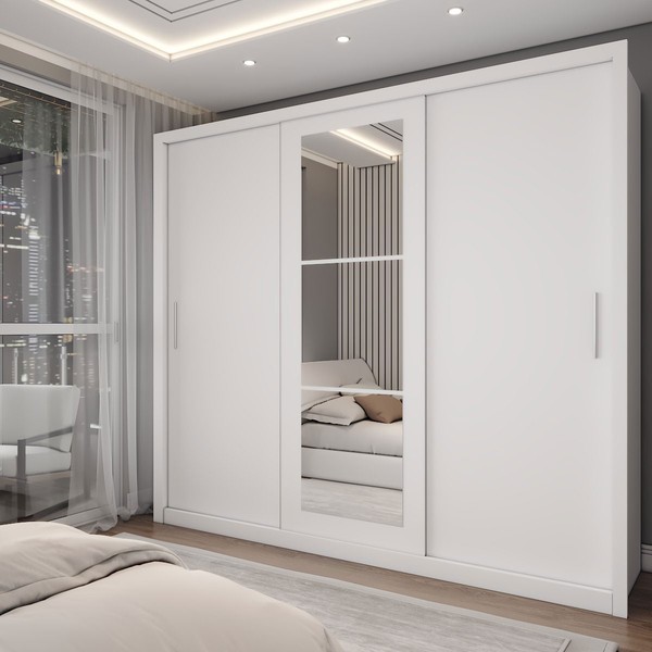 Guarda-Roupa Casal Catarina 3 Portas de Correr 4 Gavetas com Espelhos Branco - Panorama Móveis