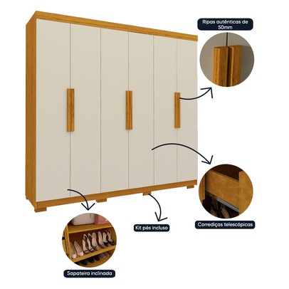 Guarda-Roupa Solteiro Império 6 Portas 2 Gavetas 100% Mdf Naturale/Off White - Gelius