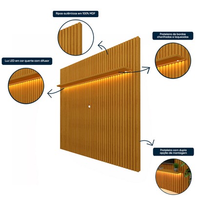 Painel para TV Até 75 Polegadas Nobre 1 Prateleira Ripado com Led 100% Mdf Naturale - Gelius