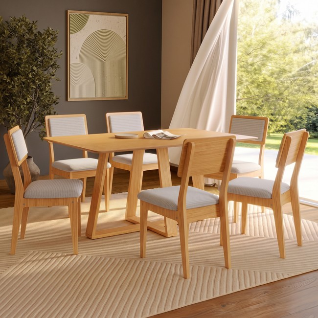 Conjunto Sala de Jantar Mesa 160cm com 6 Cadeiras Estofadas 100% Mdf Carvalho Rosé/Bege Claro