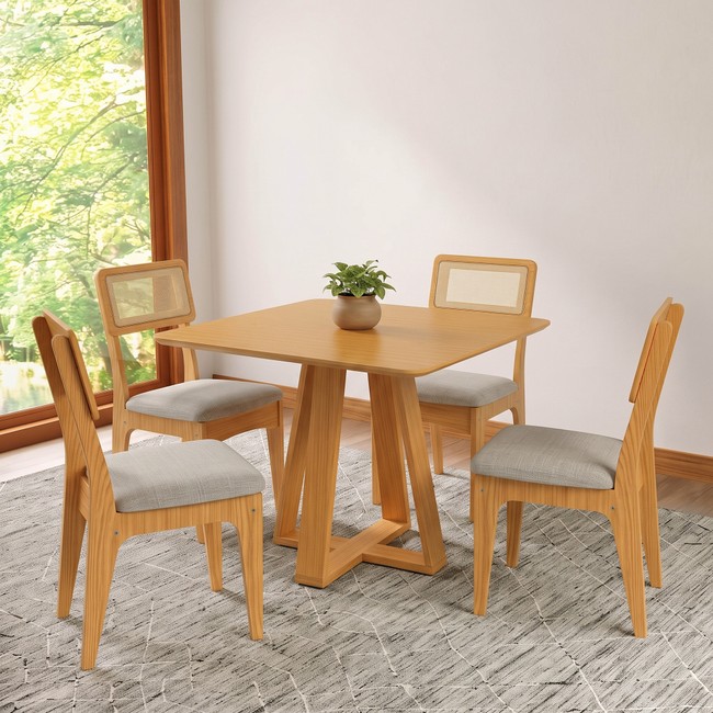 Conjunto Sala de Jantar Mesa Quadrada 90cm com 4 Cadeiras Mdf Palha Sintética Carvalho Rosé/Bege Claro