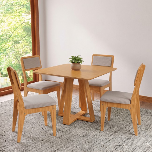 Conjunto Sala de Jantar Mesa Quadrada 90cm com 4 Cadeiras Mdf Estofadas Carvalho Rosé/Bege Claro