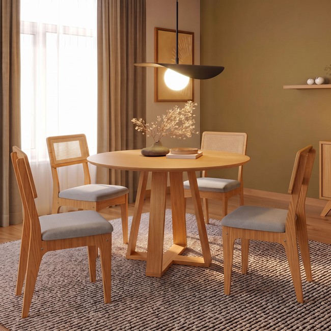Conjunto Sala de Jantar Mesa Redonda 90cm com 4 Cadeiras Mdf Palha Sintética Carvalho Rosé/Bege Claro