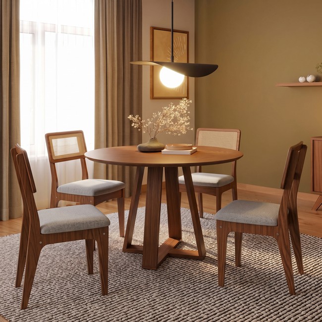 Conjunto Sala de Jantar Mesa Redonda 90cm com 4 Cadeiras Mdf Palha Sintética Pinhão/Bege Claro