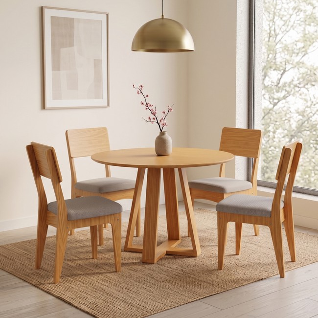 Conjunto Sala de Jantar Mesa Redonda 105cm com 4 Cadeiras Mdf Carvalho Rosé/Bege Claro