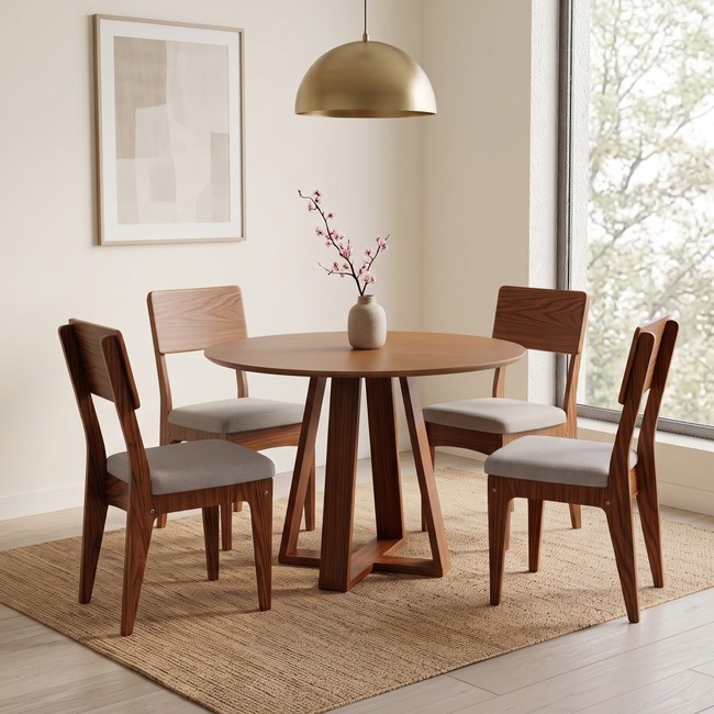 Conjunto Sala de Jantar Mesa Redonda 105cm com 4 Cadeiras Mdf Pinhão/Bege Claro