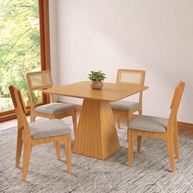 Conjunto Sala de Jantar Mesa Pirâmide 90cm com 4 Cadeiras Mdf Palha Sintética Carvalho Rosé/Bege Claro