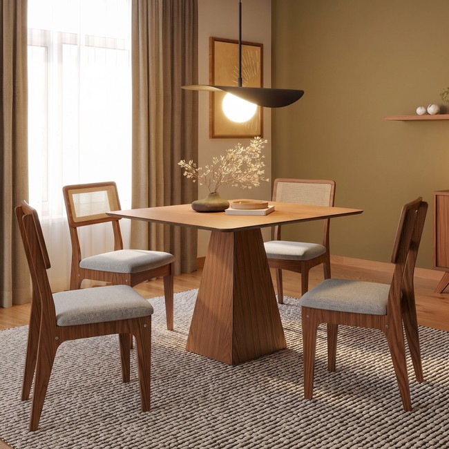 Conjunto Sala de Jantar Mesa Pirâmide 90cm com 4 Cadeiras Mdf Palha Sintética Pinhão/Bege Claro