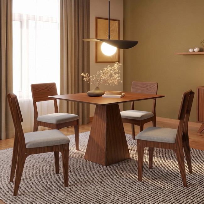 Conjunto Sala de Jantar Mesa Pirâmide 90cm com 4 Cadeiras Mdf Pinhão/Bege Claro