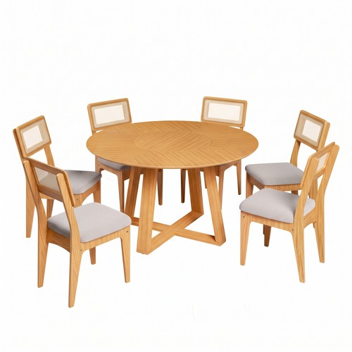 Conjunto Sala de Jantar Mesa Redonda Giratória 130cm com 6 Cadeiras Mdf Palha Sintética Carvalho Rosé/Bege Claro