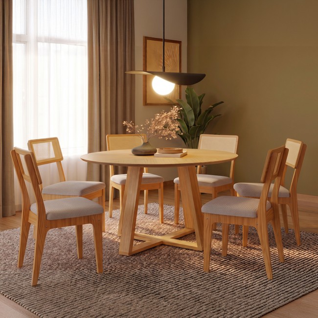 Conjunto Sala de Jantar Mesa Redonda Giratória 130cm com 6 Cadeiras Mdf Palha Sintética Carvalho Rosé/Bege Claro
