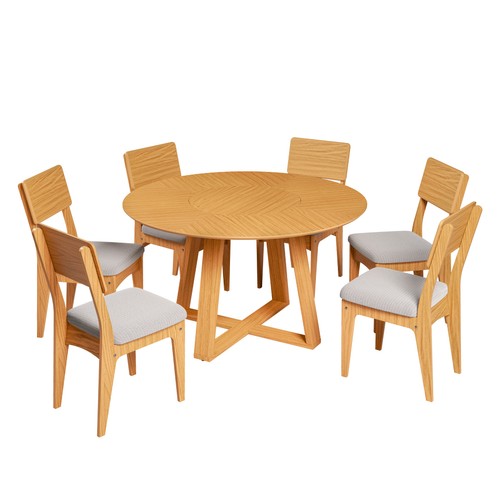 Conjunto Sala de Jantar Mesa Redonda Giratória 130cm com 6 Cadeiras Mdf Carvalho Rosé/Bege Claro