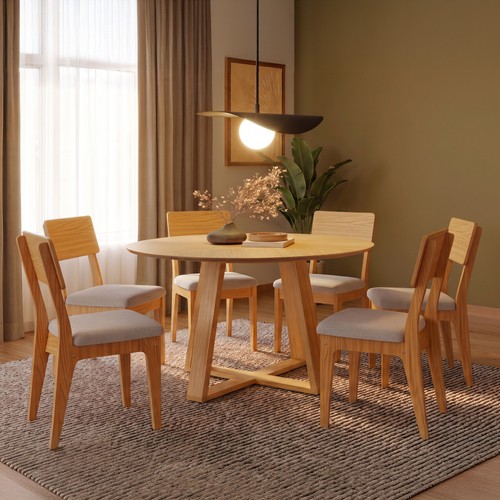 Conjunto Sala de Jantar Mesa Redonda Giratória 130cm com 6 Cadeiras Mdf Carvalho Rosé/Bege Claro