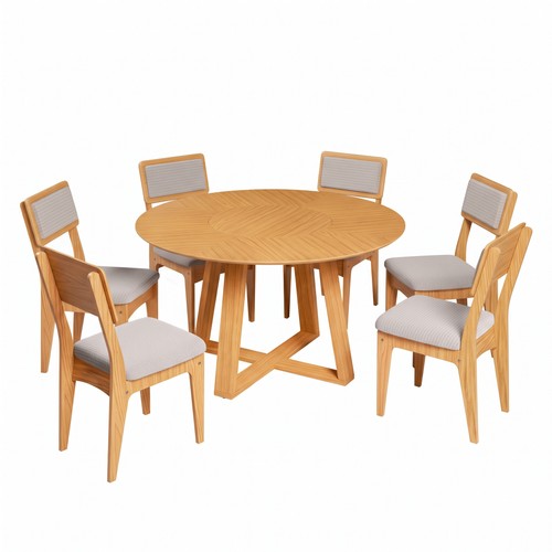 Conjunto Sala de Jantar Mesa Redonda Giratória 130cm com 6 Cadeiras Mdf Estofada Carvalho Rosé/Bege Claro