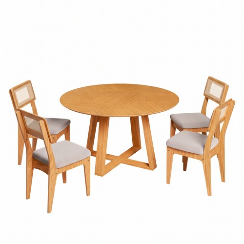 Conjunto Sala de Jantar Mesa Redonda Giratória 130cm com 4 Cadeiras Mdf Palha Sintética Carvalho Rosé/Bege Claro