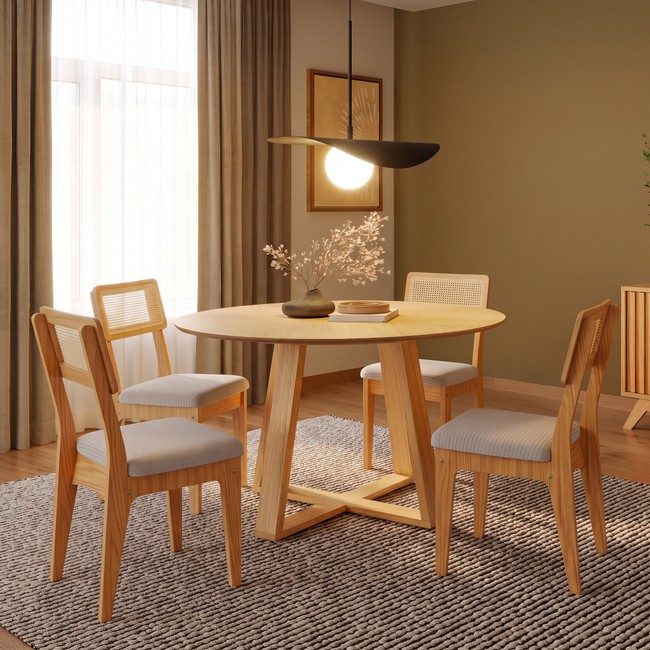 Conjunto Sala de Jantar Mesa Redonda Giratória 130cm com 4 Cadeiras Mdf Palha Sintética Carvalho Rosé/Bege Claro