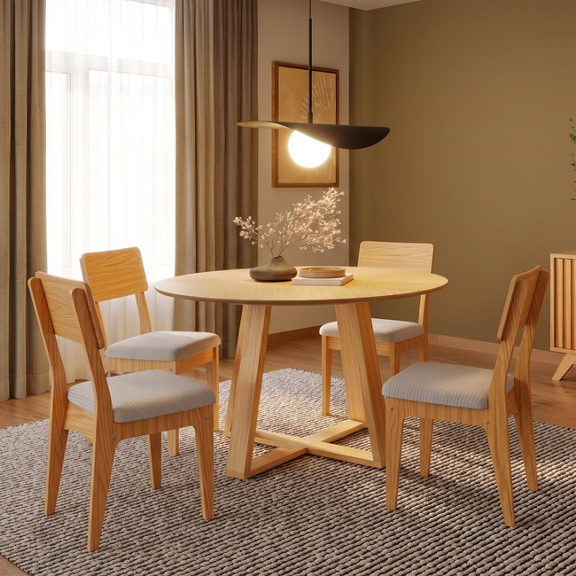 Conjunto Sala de Jantar Mesa Redonda Giratória 130cm com 4 Cadeiras Mdf Carvalho Rosé/Bege Claro