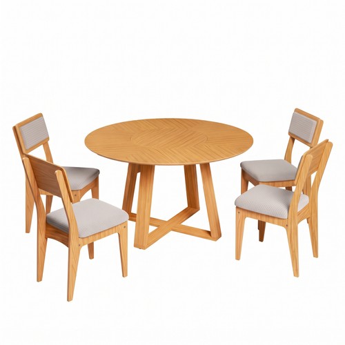 Conjunto Sala de Jantar Mesa Redonda Giratória 130cm com 4 Cadeiras Mdf Estofada Carvalho Rosé/Bege Claro